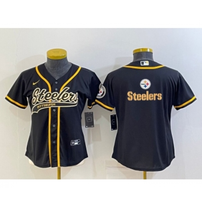 Women's Pittsburgh Steelers Black Team Big Logo With Patch Cool Base Stitched Baseball Jersey