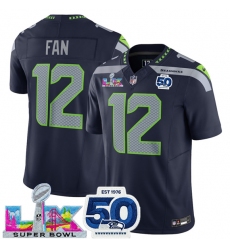 Men's Seattle Seahawks #12 Fan Navy 2025 F.U.S.E. Super Bowl LX And 50th Season Vapor Limited Football Stitched Jersey