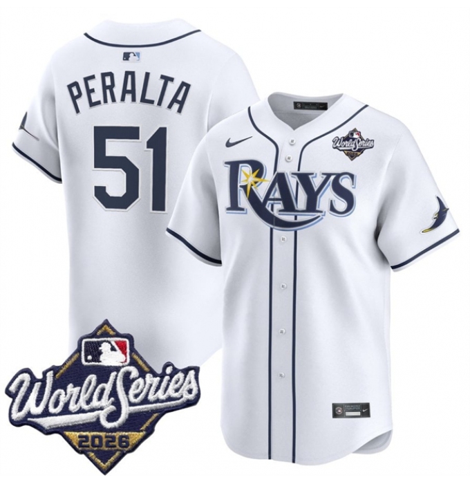 Men's Tampa Bay Rays #51 Freddy Peralta White 2026 World Series Home Limited Stitched Baseball Jersey