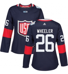 Women's Adidas Team USA #26 Blake Wheeler Authentic Navy Blue Away 2016 World Cup Hockey Jersey