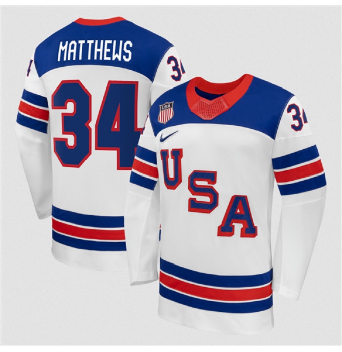 Men's USA #34 Auston Matthews White 2026 Stitched Jersey
