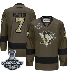 Men's Reebok Pittsburgh Penguins #7 Paul Martin Authentic Green Salute to Service 2017 Stanley Cup Champions NHL Jersey