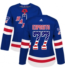 Women's Adidas New York Rangers #77 Phil Esposito Authentic Royal Blue USA Flag Fashion NHL Jersey
