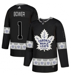 Men's Adidas Toronto Maple Leafs #1 Johnny Bower Authentic Black Team Logo Fashion NHL Jersey