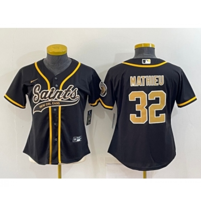 Women's New Orleans Saints #32 Tyrann Mathieu Black With Patch Cool Base Stitched Baseball Jersey