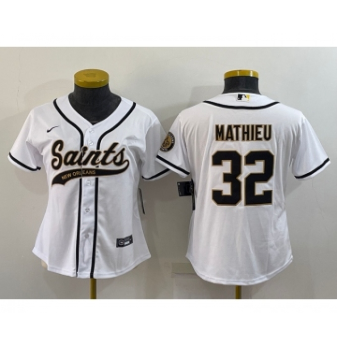 Women's New Orleans Saints #32 Tyrann Mathieu White With Patch Cool Base Stitched Baseball Jersey