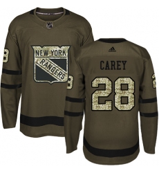 Youth Adidas New York Rangers #28 Paul Carey Authentic Green Salute to Service NHL Jersey