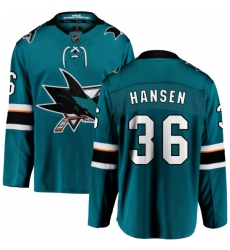 Youth San Jose Sharks #36 Jannik Hansen Fanatics Branded Teal Green Home Breakaway NHL Jersey