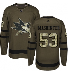 Youth Adidas San Jose Sharks #53 Brandon Mashinter Premier Green Salute to Service NHL Jersey