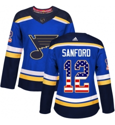 Women's Adidas St. Louis Blues #12 Zach Sanford Authentic Blue USA Flag Fashion NHL Jersey