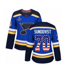 Women's St. Louis Blues #70 Oskar Sundqvist Authentic Blue USA Flag Fashion 2019 Stanley Cup Champions Hockey Jersey