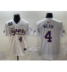 Men's LSU Tigers #4 Steven Milam White Pinstripe 2025 World Series & SEC Patch Stitched Baseball Jersey