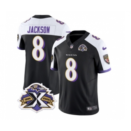 Men's Nike Baltimore Ravens #8 Lamar Jackson Black White 2023 F.U.S.E Throwback Vapor Limited Stitched Jersey Men's Nike Baltimore Ravens #8 Lamar Jackson Black White 2023 F.U.S.E Throwback Vapor Limited Stitched Jersey