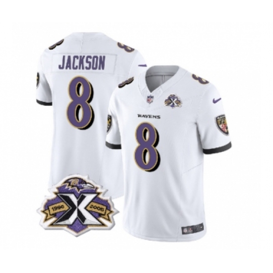 Men's Nike Baltimore Ravens #8 Lamar Jackson White 2023 F.U.S.E Throwback Vapor Limited Stitched Jersey Men's Nike Baltimore Ravens #8 Lamar Jackson White 2023 F.U.S.E Throwback Vapor Limited Stitched Jersey