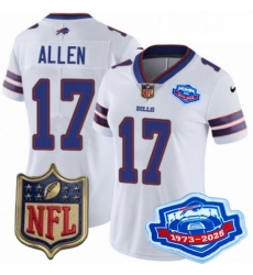 Women Buffalo Bills 17 Josh Allen White 2025 F U S E Farewell Season Gold Shield Stitched Football Jersey