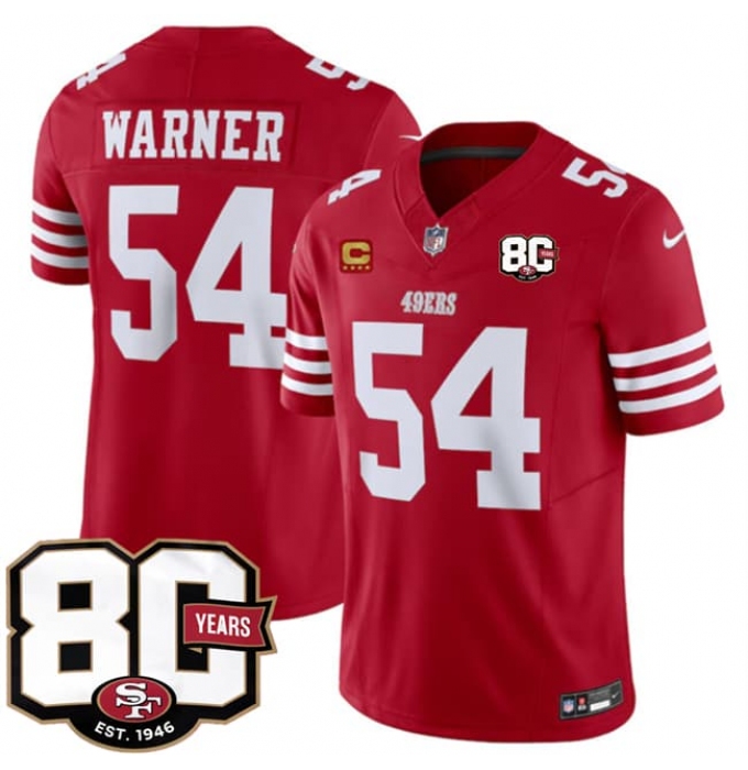 Men's San Francisco 49ers #54 Fred Warner Red 80th Anniversary And 4-Star C 2026 F.U.S.E. Vapor Untouchable Limited Football Stitched Jersey