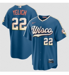 Men's Milwaukee Brewers #22 Christian Yelich Mineral Blue 2026 City Connect Stadium Stitched Stitched Baseball Jersey