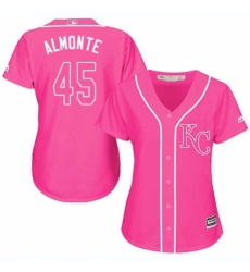 Women's Majestic Kansas City Royals #45 Abraham Almonte Replica Pink Fashion Cool Base MLB Jersey