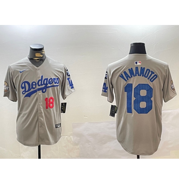 Men's Los Angeles Dodgers #18 Yoshinobu Yamamoto Grey 2024 World Series With Fernando Memorial Limited Stitched Baseball Jersey