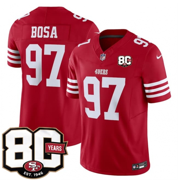 Men's San Francisco 49ers #97 Nick Bosa Red 80th Anniversary 2026 F.U.S.E. Vapor Untouchable Limited Football Stitched Jersey