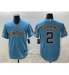 Men's Milwaukee Brewers #2 Brice Turang Blue With Home & Bob Uecker Stitched Baseball Jersey