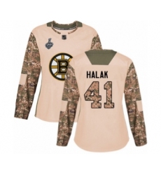 Women's Boston Bruins #41 Jaroslav Halak Authentic Camo Veterans Day Practice 2019 Stanley Cup Final Bound Hockey Jersey