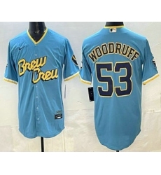 Men's Milwaukee Brewers #53 Brandon Woodruff Powder Blue 2022 City Connect Cool Base Jersey