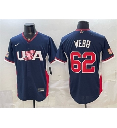 Men's USA Baseball #62 Logan Webb Navy 2026 World Baseball Classic Road Stadium Stitched Jersey