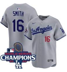 Men's Los Angeles Dodgers #16 Will Smith Gray 2024 World Series Champions Limited Stitched Baseball Jersey