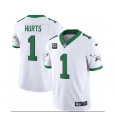 Men's Philadelphia Eagles #1 Jalen Hurts White Kelly Green With C Jersey