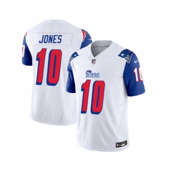 Men's Nike New England Patriots #10 Mac Jones White Blue 2023 F.U.S.E. Vapor Limited Football Stitched Jersey Men's Nike New England Patriots #10 Mac Jones White Blue 2023 F.U.S.E. Vapor Limited Football Stitched Jersey