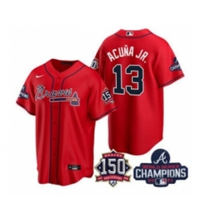 Men's Atlanta Braves #13 Ronald Acuna Jr. 2021 Red World Series Champions With 150th Anniversary Patch Cool Base Stitched Jersey