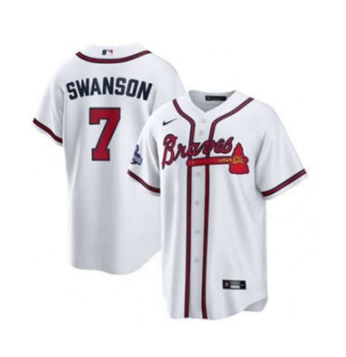 Men's Atlanta Braves #7 Dansby Swanson 2021 White World Series Champions Cool Base Stitched Jersey