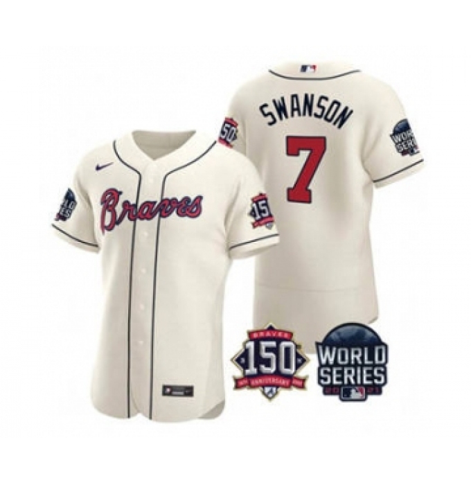 Men's Atlanta Braves #7 Dansby Swanson 2021 Cream World Series Flex Base With 150th Anniversary Patch Baseball Jersey