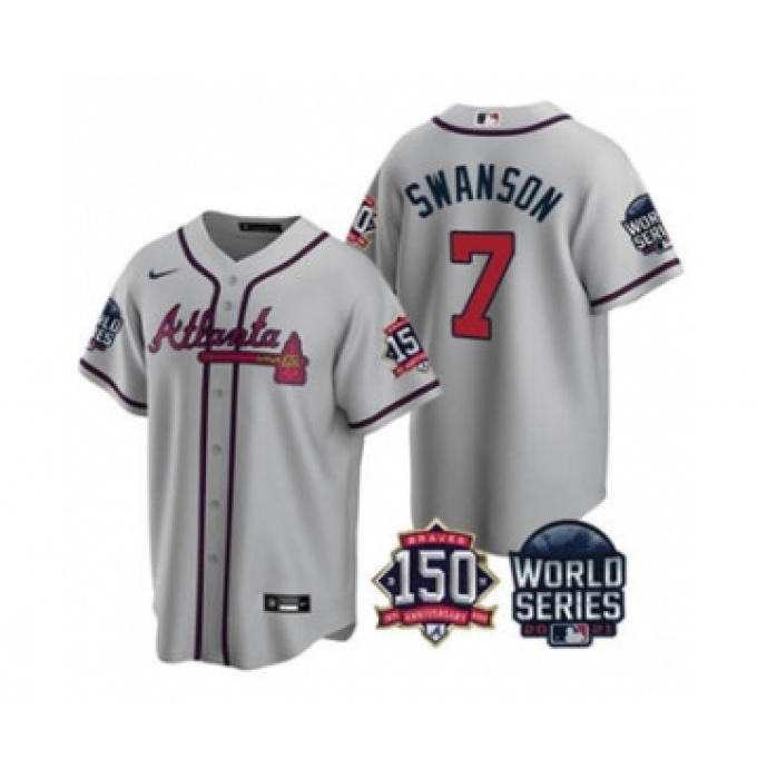 Men's Atlanta Braves #7 Dansby Swanson 2021 Gray World Series With 150th Anniversary Patch Cool Base Baseball Jersey