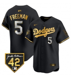 Men's Los Angeles Dodgers #5 Freddie Freeman Black Gold With Jackie Robinson Limited Stitched Baseball Jersey