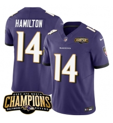 Men's Baltimore Ravens #14 Kyle Hamilton Purple 2023 F.U.S.E. AFC North Champions Vapor Limited Football Stitched Jersey Men's Baltimore Ravens #14 Kyle Hamilton Purple 2023 F.U.S.E. AFC North Champions Vapor Limited Football Stitched Jersey