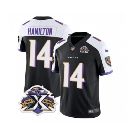Men's Nike Baltimore Ravens #14 Kyle Hamilton Black White 2023 F.U.S.E Throwback Vapor Limited Stitched Jersey Men's Nike Baltimore Ravens #14 Kyle Hamilton Black White 2023 F.U.S.E Throwback Vapor Limited Stitched Jersey