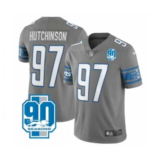 Men's Nike Detroit Lions #97 Aidan Hutchinson Grey 2023 90th Anniversary Vapor Untouchable Limited Stitched Jersey Men's Nike Detroit Lions #97 Aidan Hutchinson Grey 2023 90th Anniversary Vapor Untouchable Limited Stitched Jersey