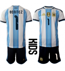 Youth Argentina #1 Benitez National Team FIFA x World Cup 2026 Home White On Field Kids Jersey