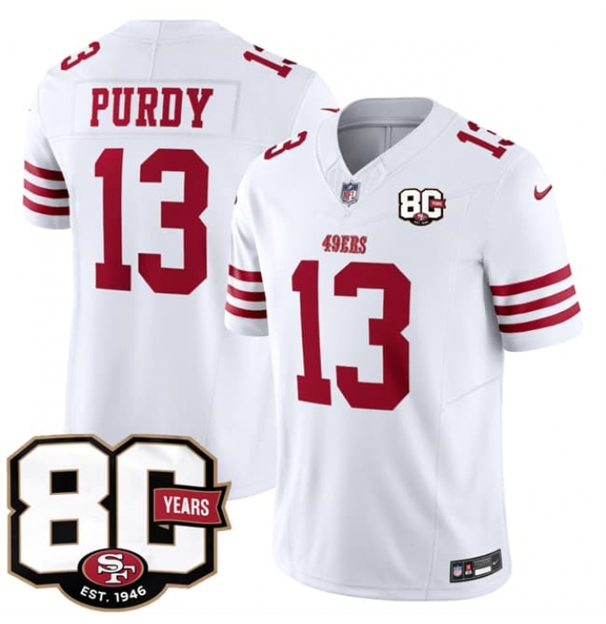 Men's San Francisco 49ers #13 Brock Purdy White 80th Anniversary 2026 F.U.S.E. Vapor Untouchable Limited Football Stitched Jersey
