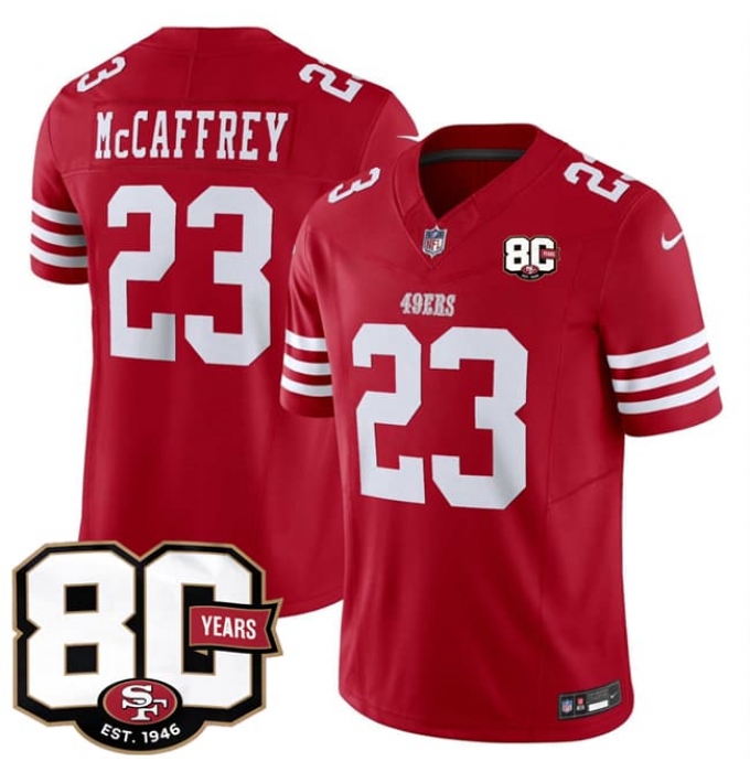 Men's San Francisco 49ers #23 Christian McCaffrey Red 80th Anniversary 2026 F.U.S.E. Vapor Untouchable Limited Football Stitched Jersey