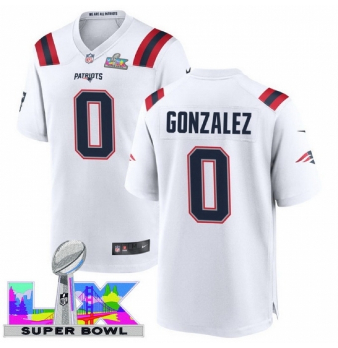 Men's New England Patriots #0 Christian Gonzalez White 2025 2026 Super Bowl LX F U S E Stitched Jersey