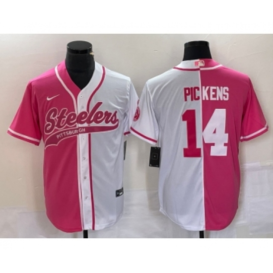 Men's Nike Pittsburgh Steelers #14 George Pickens Pink White Two Tone Cool Base Stitched Baseball Jersey Men's Nike Pittsburgh Steelers #14 George Pickens Pink White Two Tone Cool Base Stitched Baseball Jersey