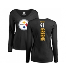 Football Women's Pittsburgh Steelers #91 Kevin Greene Black Backer Slim Fit Long Sleeve T-Shirt