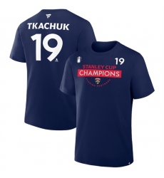 Men's Florida Panthers #19 Matthew Tkachuk Navy 2025 Stanley Cup Champions Pro Name & Number T-Shirt