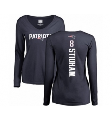 Football Women's New England Patriots #8 Jarrett Stidham Navy Blue Backer Slim Fit Long Sleeve T-Shirt