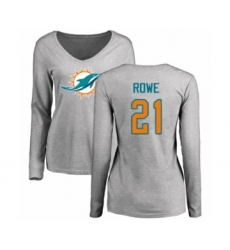 Football Women's Miami Dolphins #21 Eric Rowe Ash Name & Number Logo Long Sleeve T-Shirt