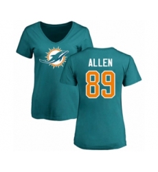 Football Women's Miami Dolphins #89 Dwayne Allen Aqua Green Name & Number Logo T-Shirt
