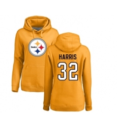 Football Women's Pittsburgh Steelers #32 Franco Harris Gold Name & Number Logo Pullover Hoodie